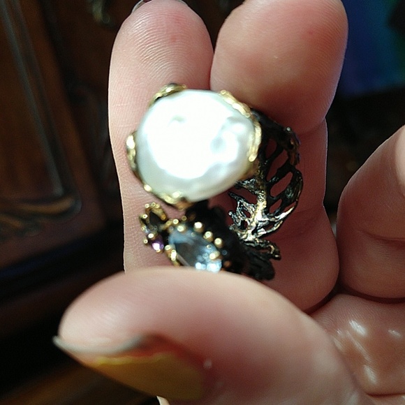 14k gold dipped 925 sterling silver oxidized coin pearl amethyst blue topaz ring - Picture 8 of 13